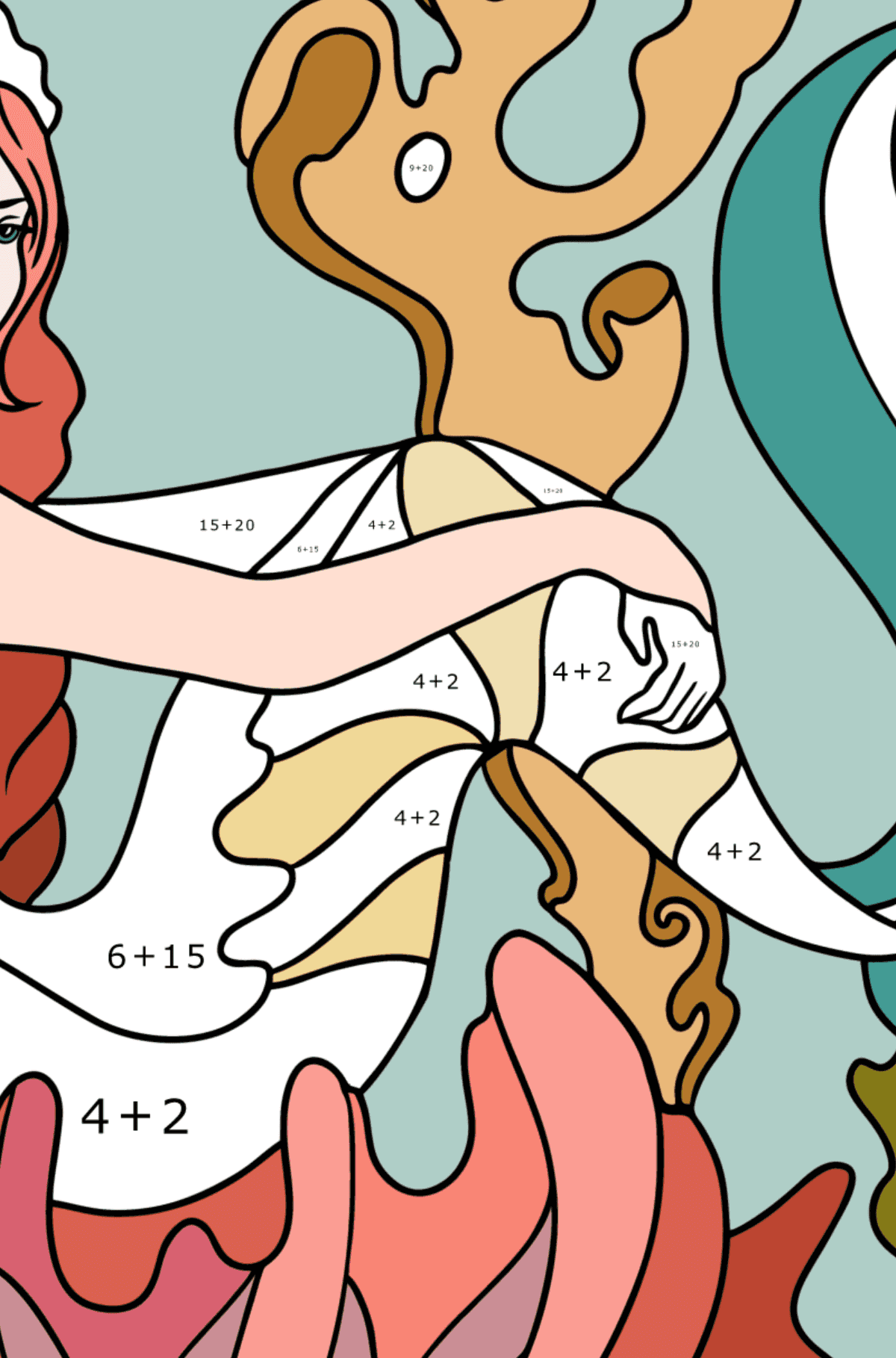 Mermaid Princess coloring page - Math Coloring - Addition for Adults