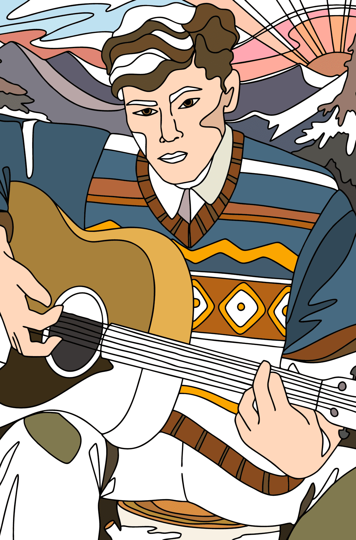 Tegning til farvning Fyren spiller guitar - malebog for voksne