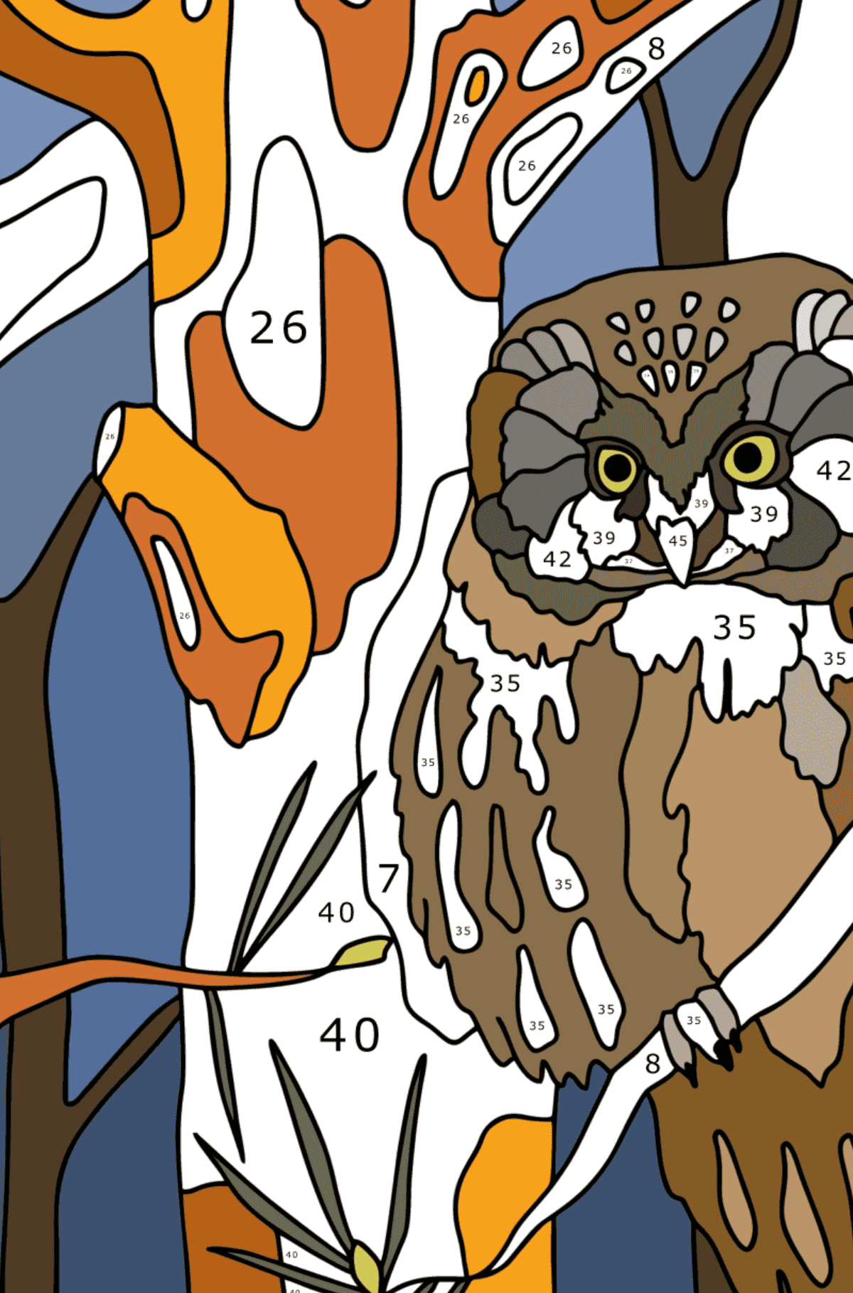 Tegning til fargelegging Ugle - spille etter tall for voksne