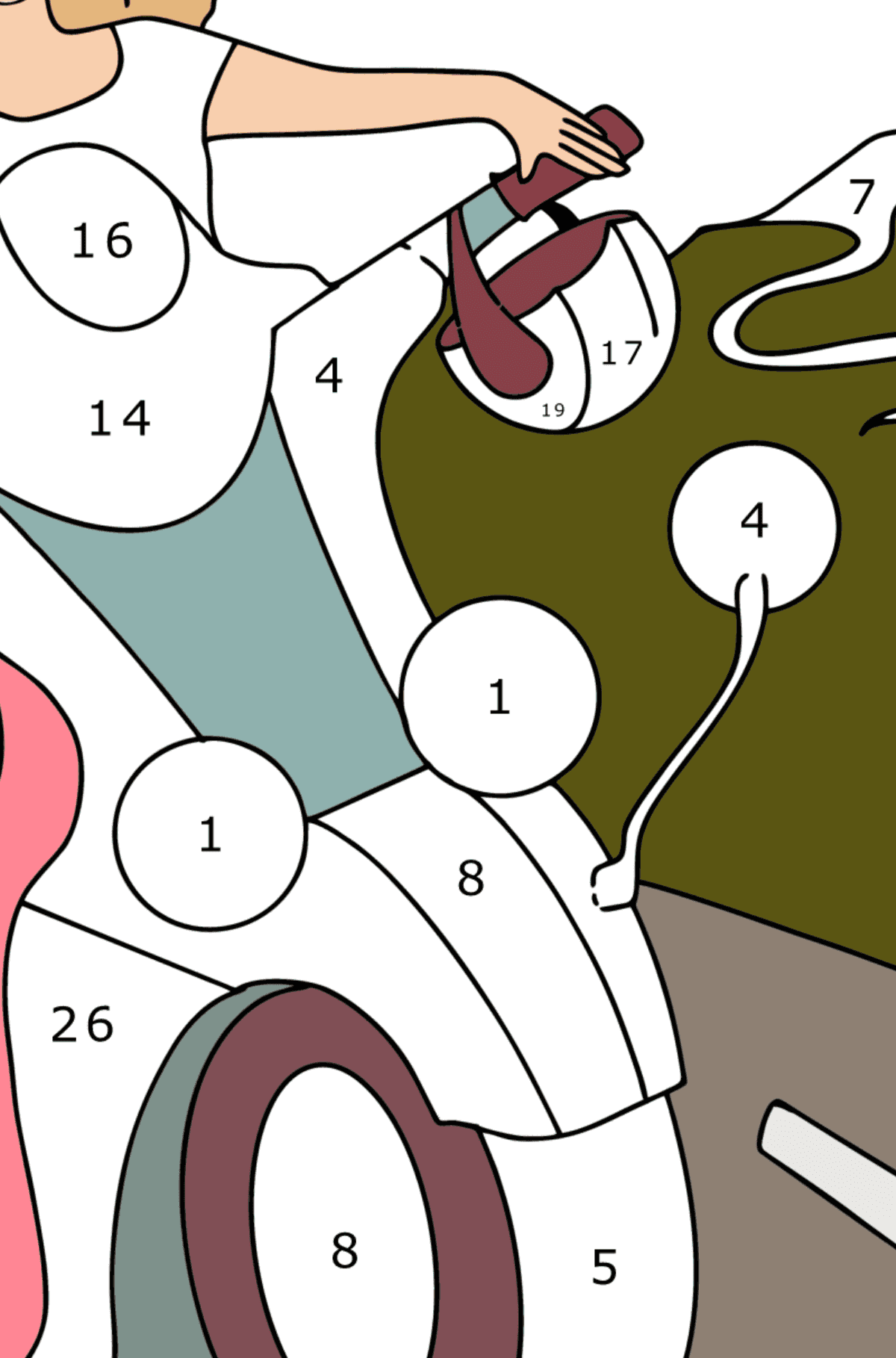 Girl on a motorcycle coloring page - Coloring by Numbers for Adults