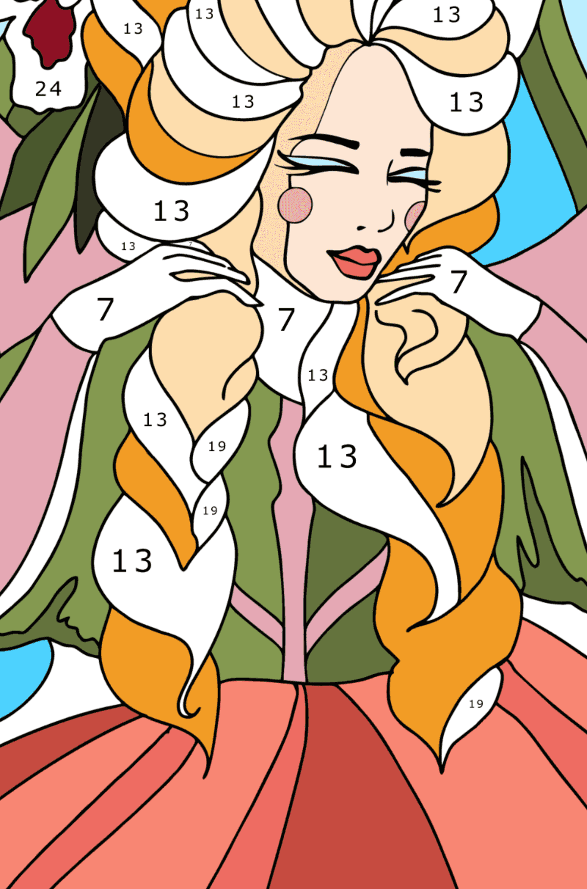 Princess with golden hair coloring page - Coloring by Numbers for Adults