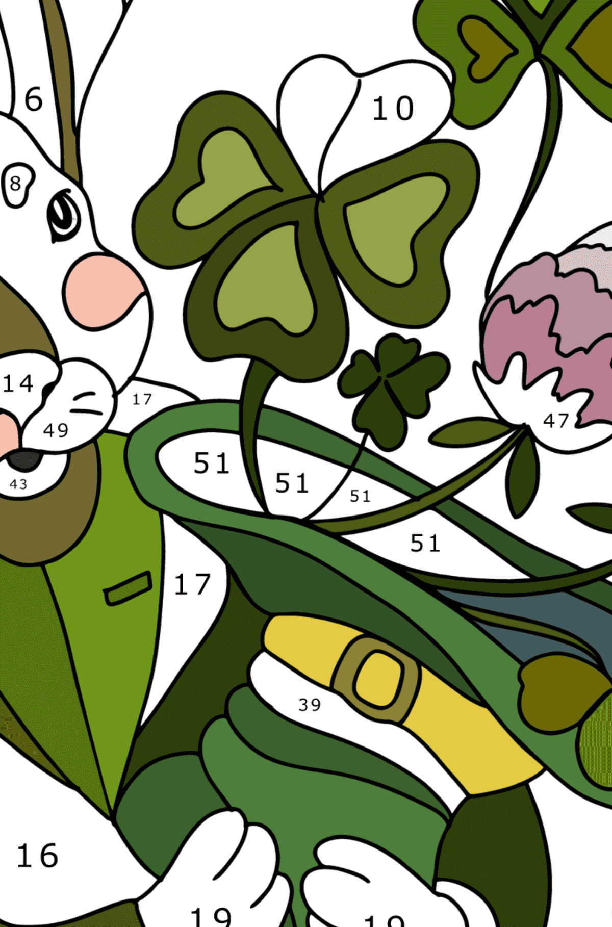 Раскраска Заяц с букетом клевера - Раскраска по Номерам для Взрослых