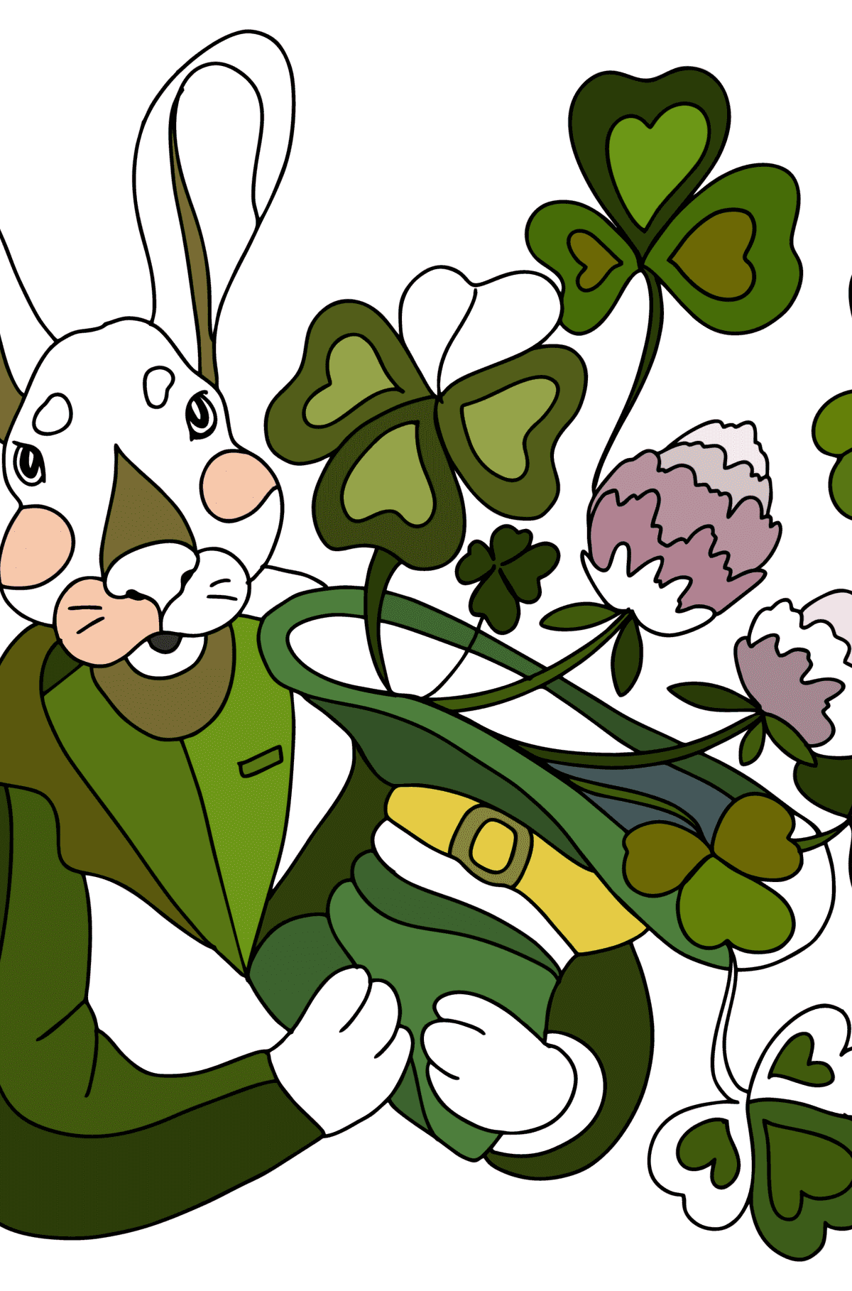 Dibujo Liebre con un ramo de trébol para colorear - Dibujos para Colorear para Adultos