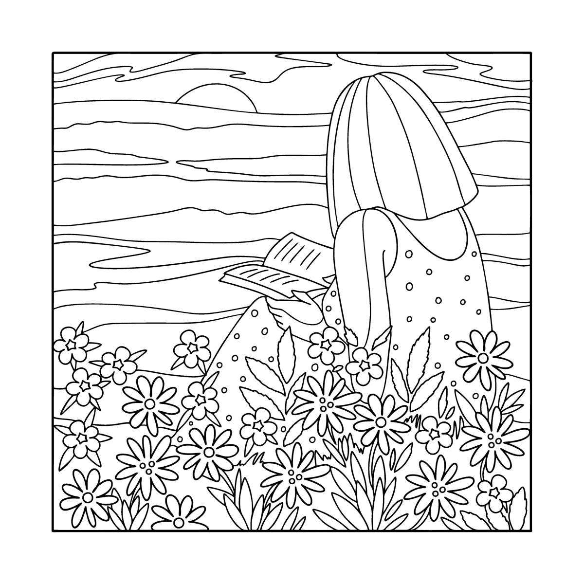 girl-and-sunset-in-the-field-coloring-page-coloring-for-adults
