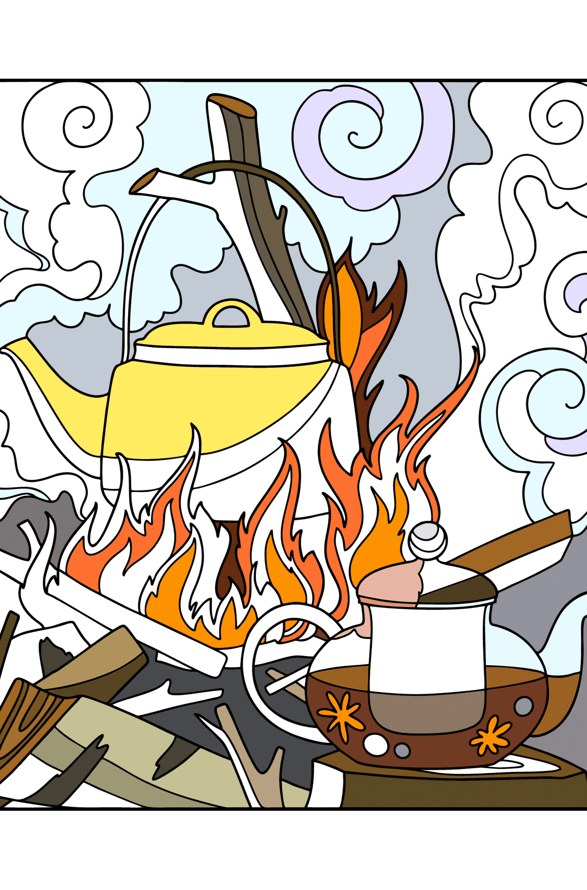 Boyama sayfası Çay Ateş - boyama kitabı yetişkinler için