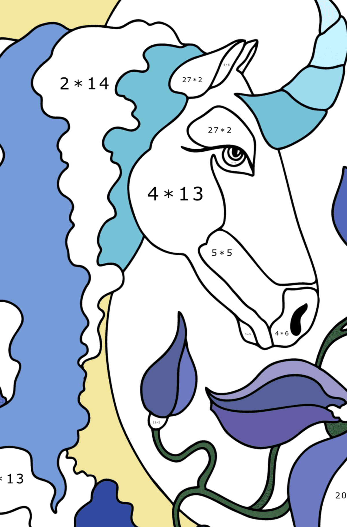 Moon unicorn coloring page - Math Coloring - Multiplication for Adults