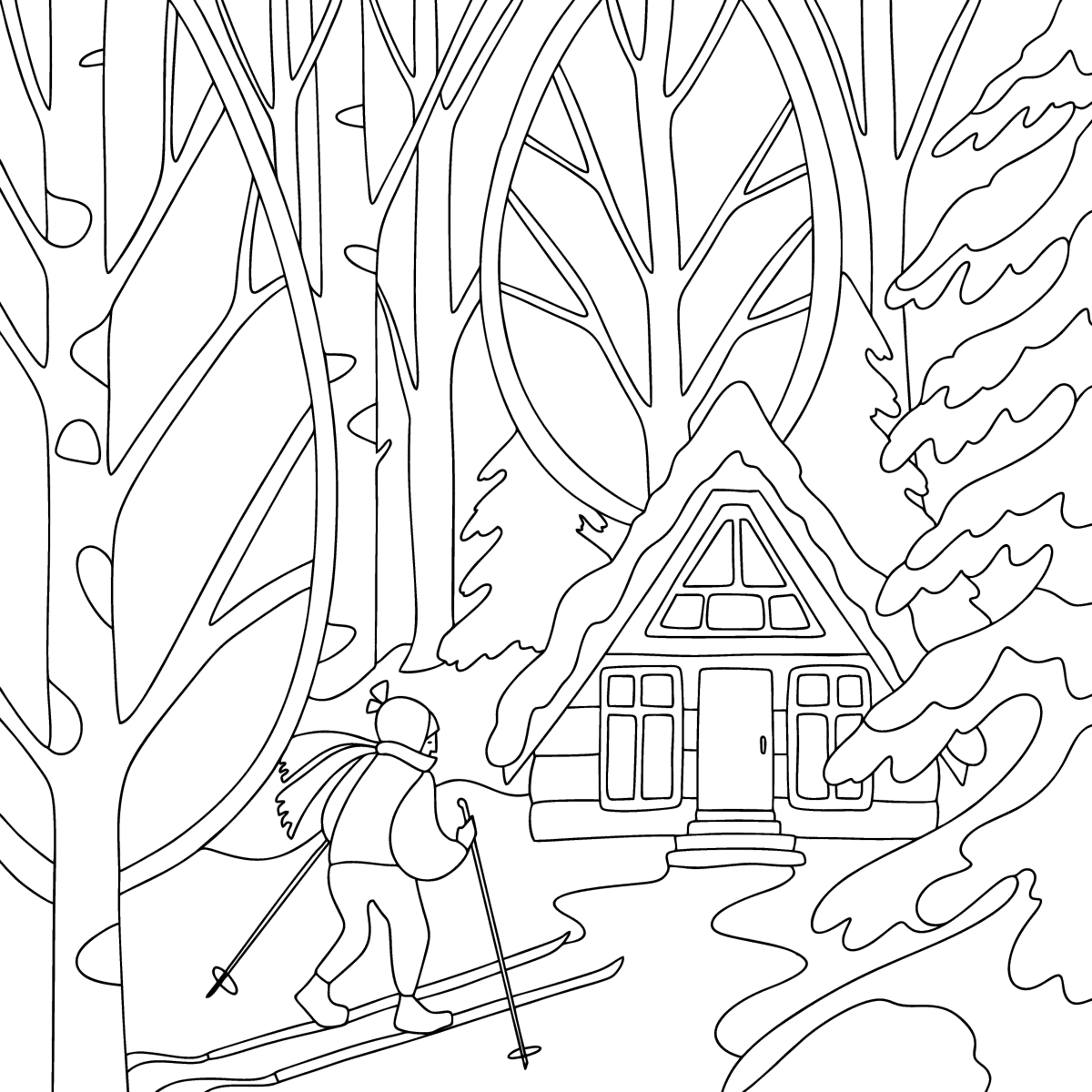 Forest hotel in winter coloring page | Coloring-for-Adults.com