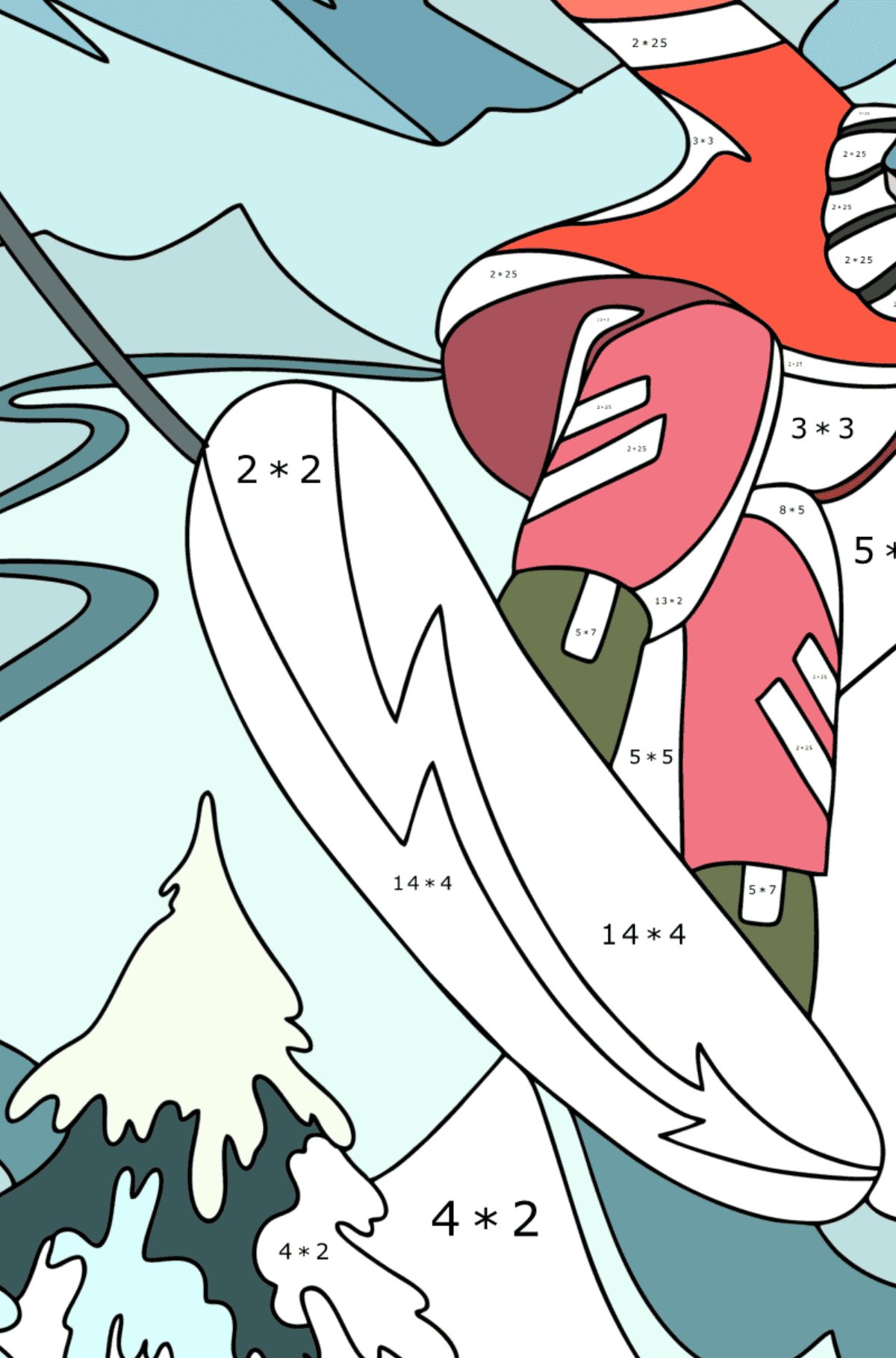 Snowboard coloring page - Math Coloring - Multiplication for Adults